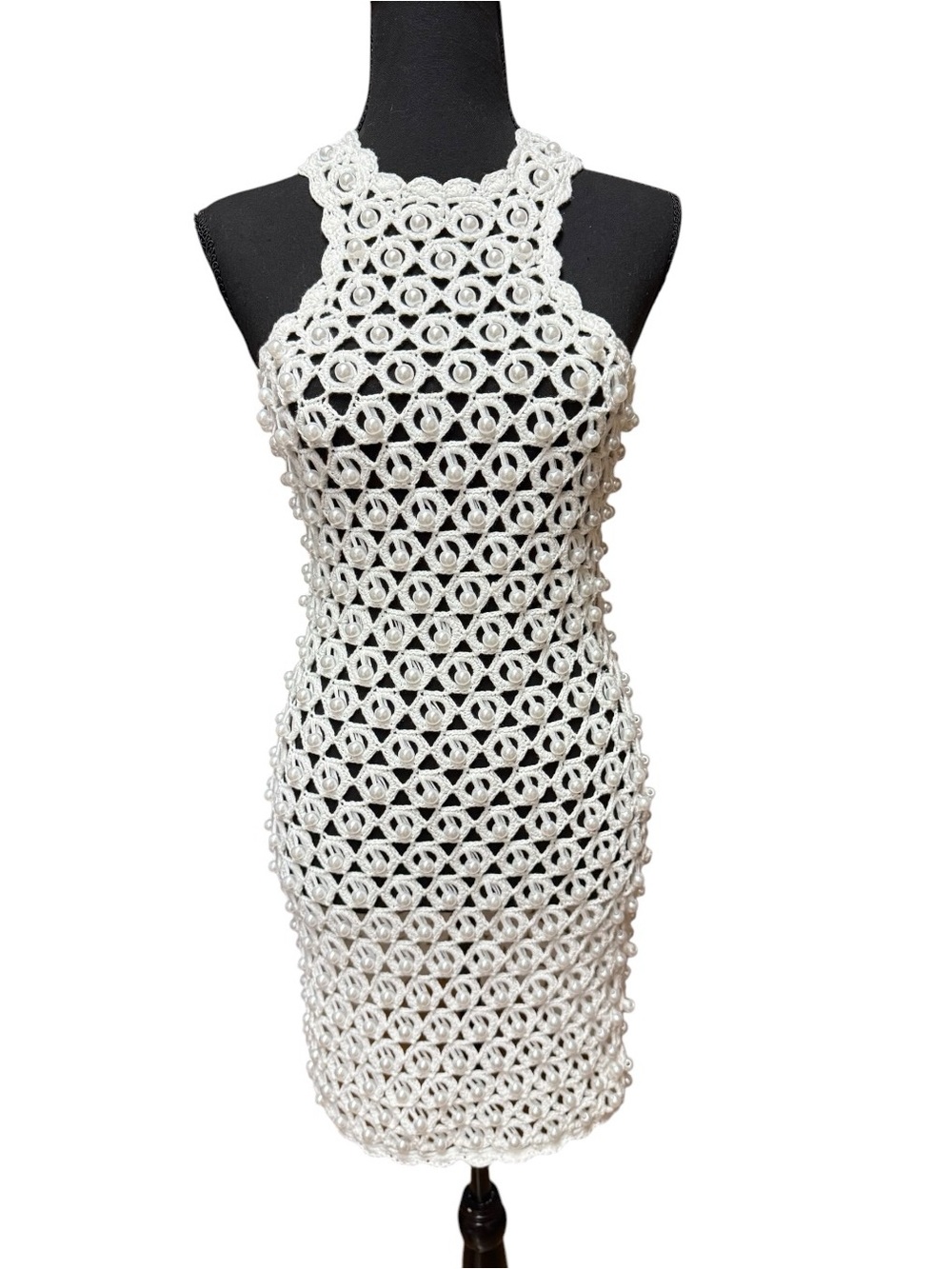 NovaLuxe Crochet Halter Faux Pearl Mini Dress Cover up White XS